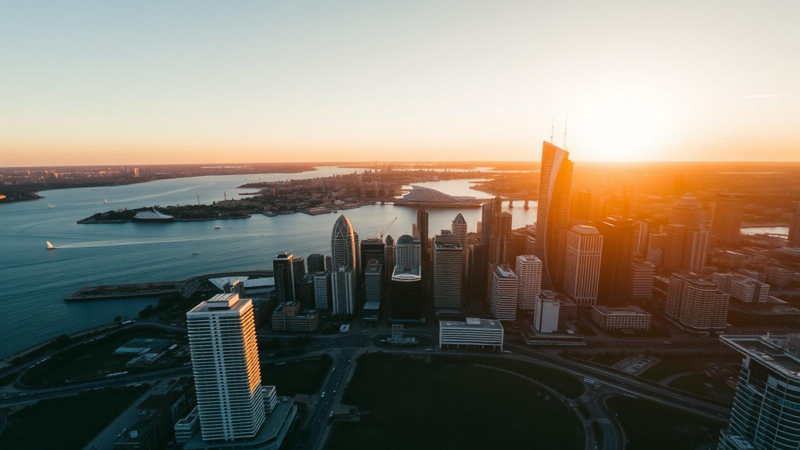 Aerial view of an Australian business district at sunset