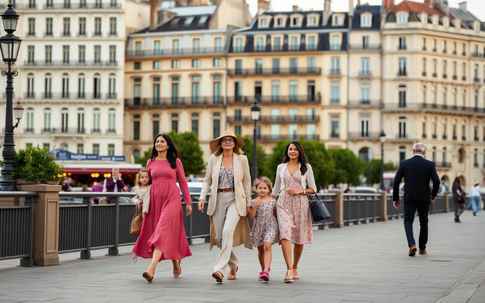 A family walking through a European city