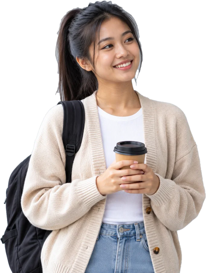 Smiling student in a cardigan holding a coffee cup