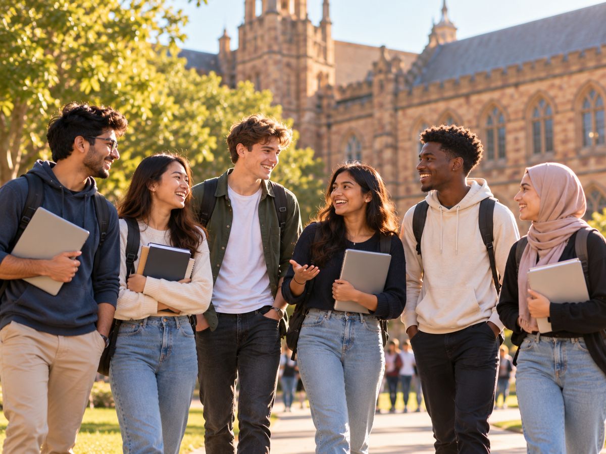 A diverse group of international students walking and laughing together on a university campus