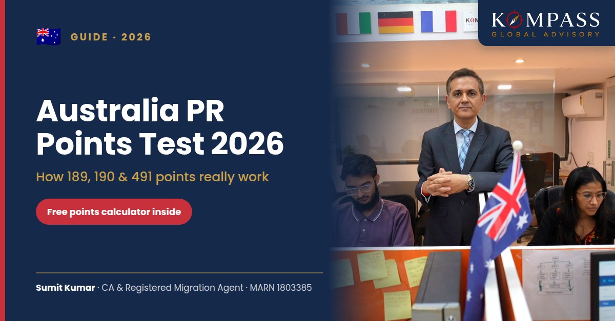 Australia PR Points Test 2026 — Sumit Kumar with the Kompass team beside an Australian flag