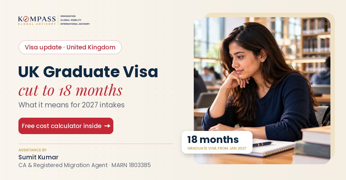 UK Graduate visa cut to 18 months — an Indian student in a consultation at Kompass with a UK flag on the desk
